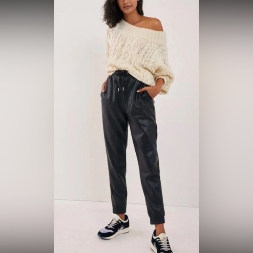 NWT Anthropologie | Avec Les Filles Black Faux Leather Drawstring Jogger Pants